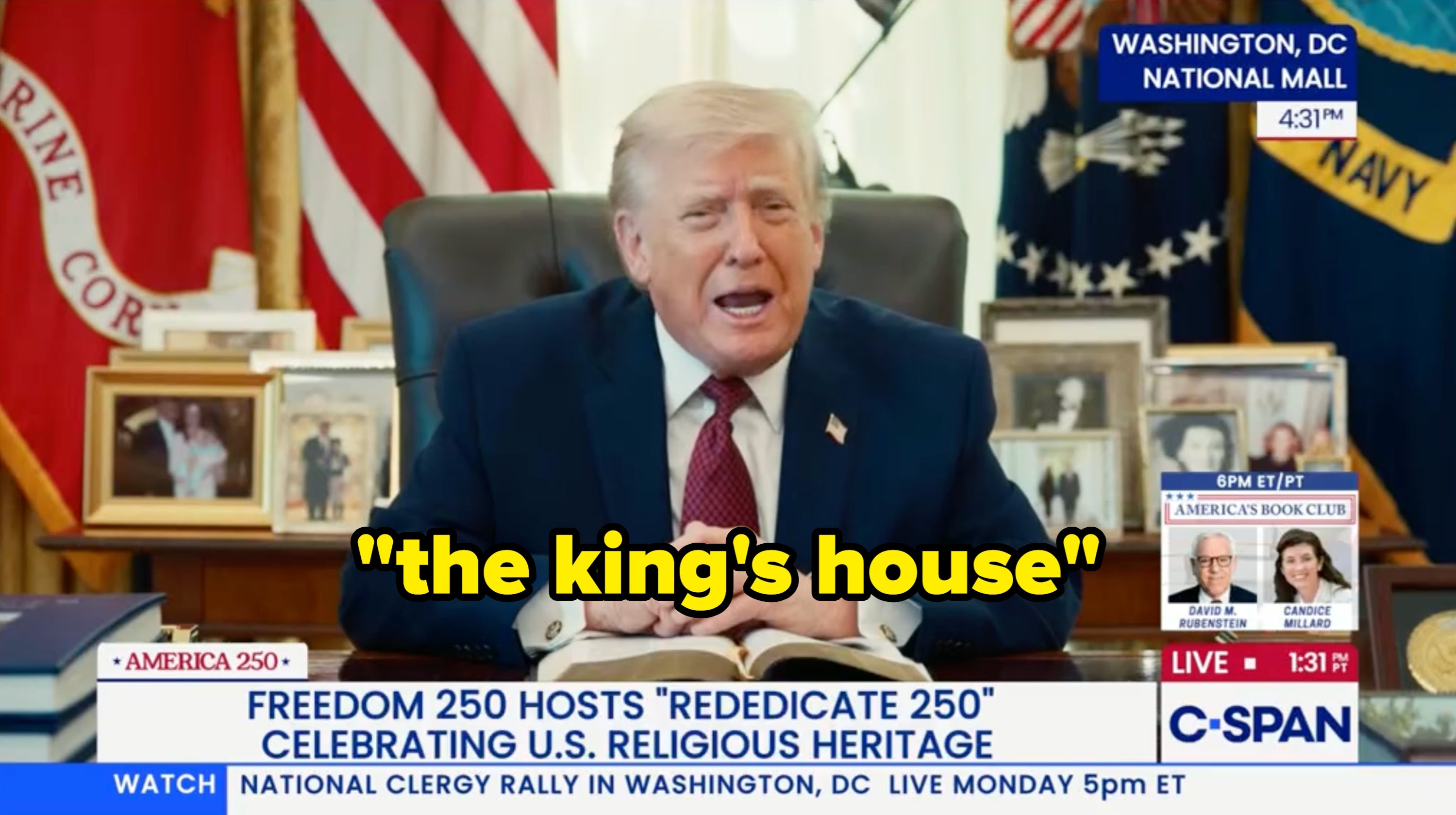 Trump speaking in the Oval Office with a Bible under his hands