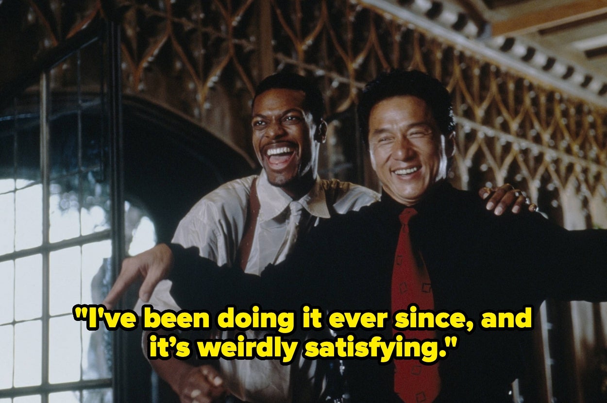 Two actors laughing together with the quote, "I've been doing it ever since, and it's weirdly satisfying," in yellow text