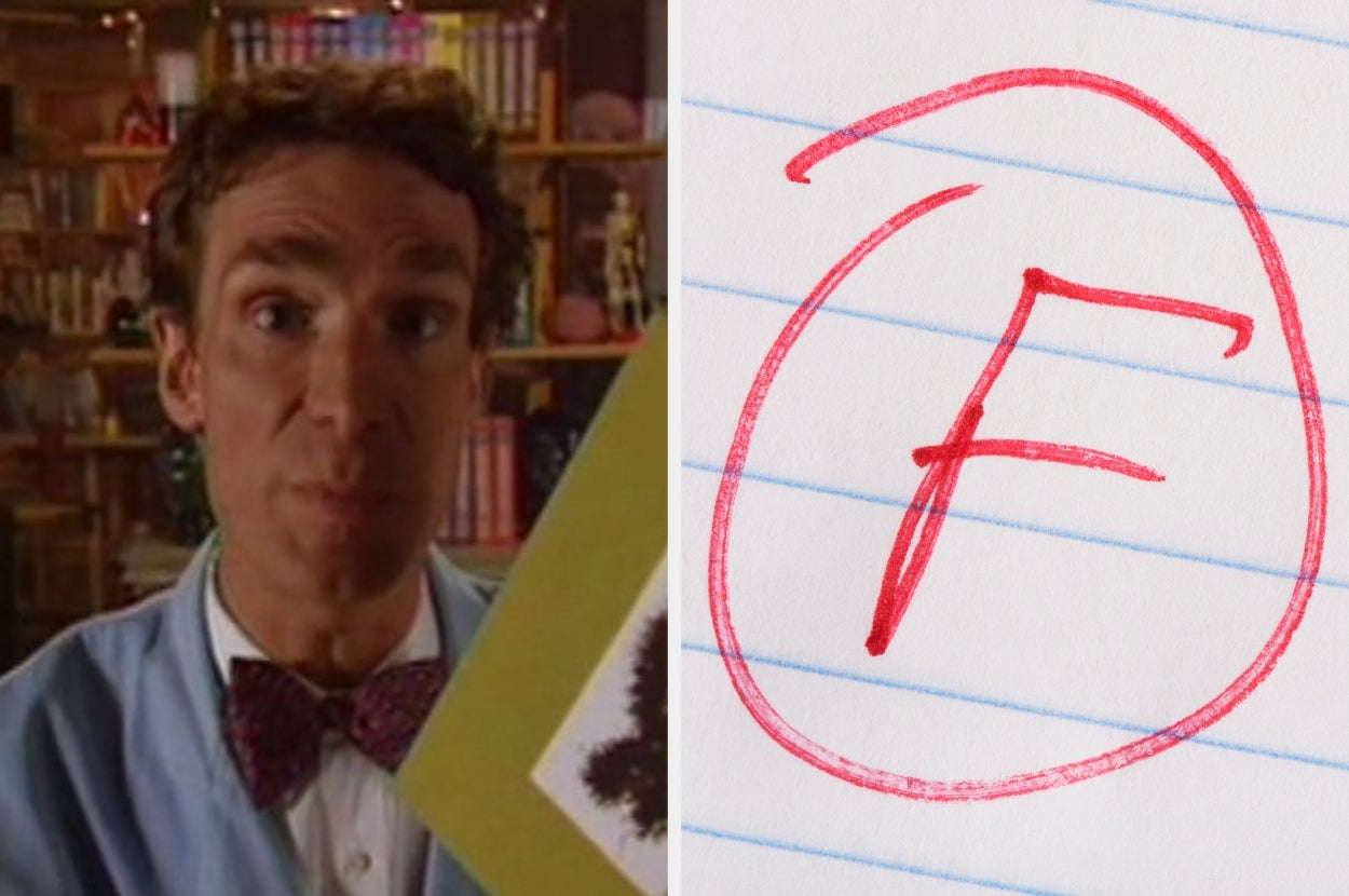 A man in a lab coat and bow tie holds a card. Beside him, a paper with an "F" grade is shown