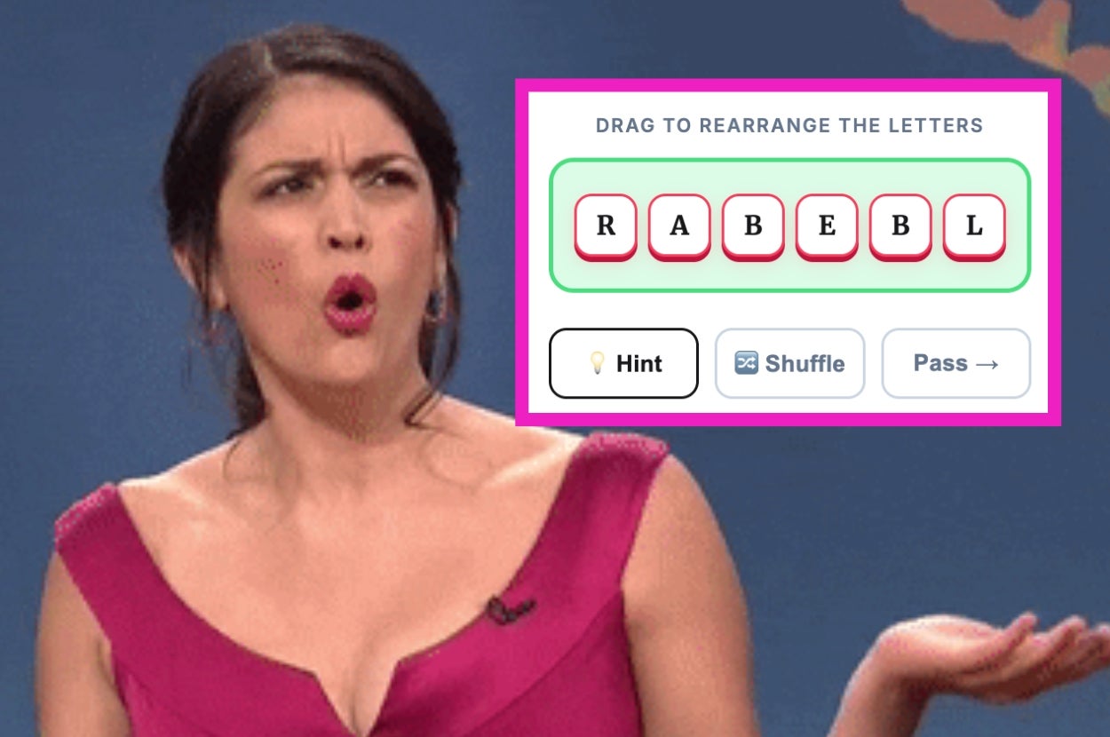 Person in expressive pose with a digital word puzzle overlay. Puzzle involves rearranging letters
