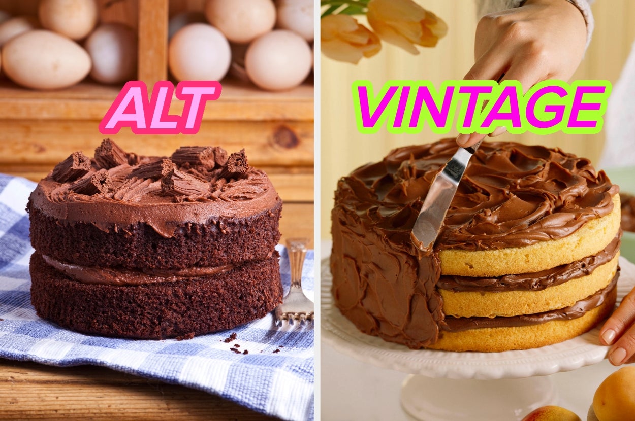 Two chocolate cakes: on the left, rustic-style; on the right, a frosted layer cake being sliced with a knife