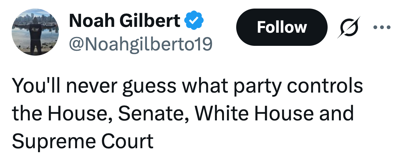 Tweet by Noah Gilbert asking which party controls the House, Senate, White House, and Supreme Court
