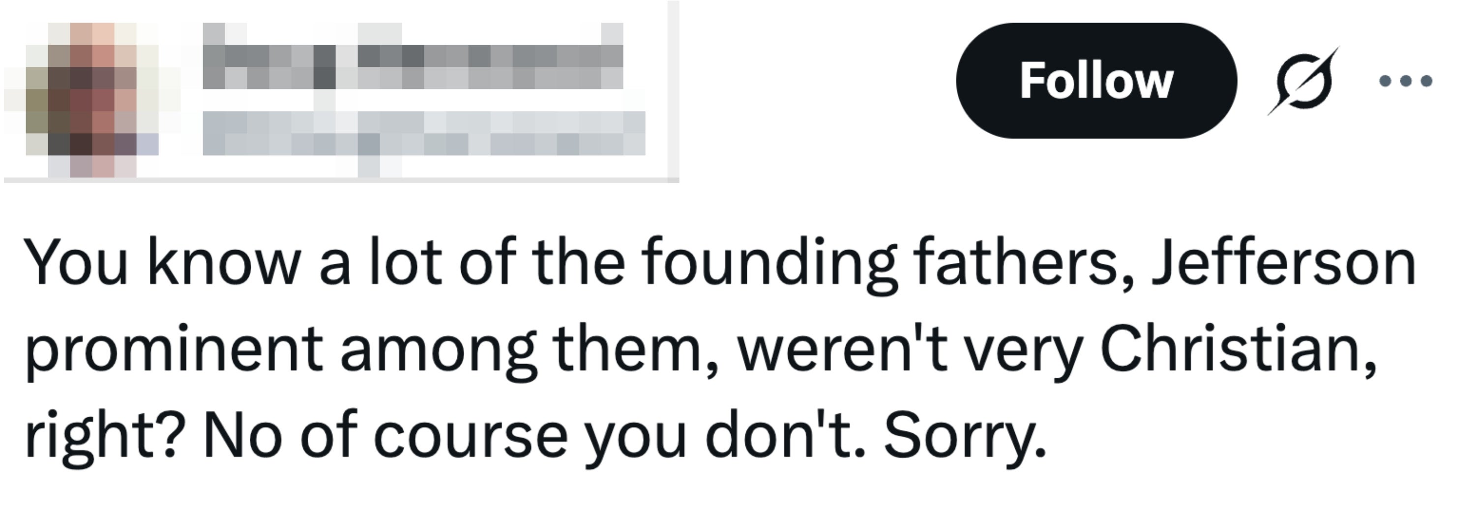 Tweet by Doug Henwood questioning the Christian beliefs of some founding fathers, highlighting Jefferson
