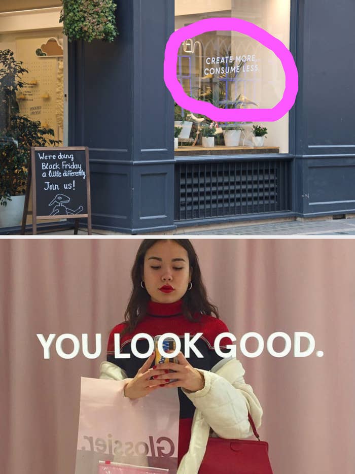 Woman in a white jacket and red outfit taking a mirror selfie, holding a pink Glossier bag. Text on mirror reads: "YOU LOOK GOOD."