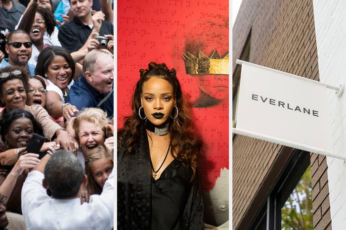 Three-part image: Enthusiastic crowd reaching out, woman in elegant black outfit with crown art behind, Everlane store sign on a brick wall