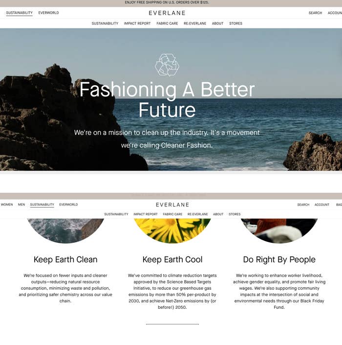 Everlane homepage showing the ocean and rocks with the text "Fashioning A Better Future" and a mission statement about sustainable fashion