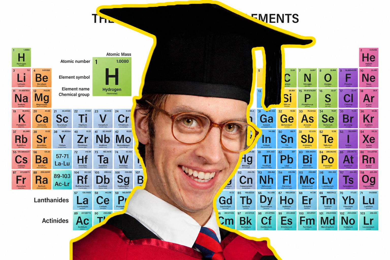 Person in graduation cap and gown smiling, standing in front of a periodic table of elements