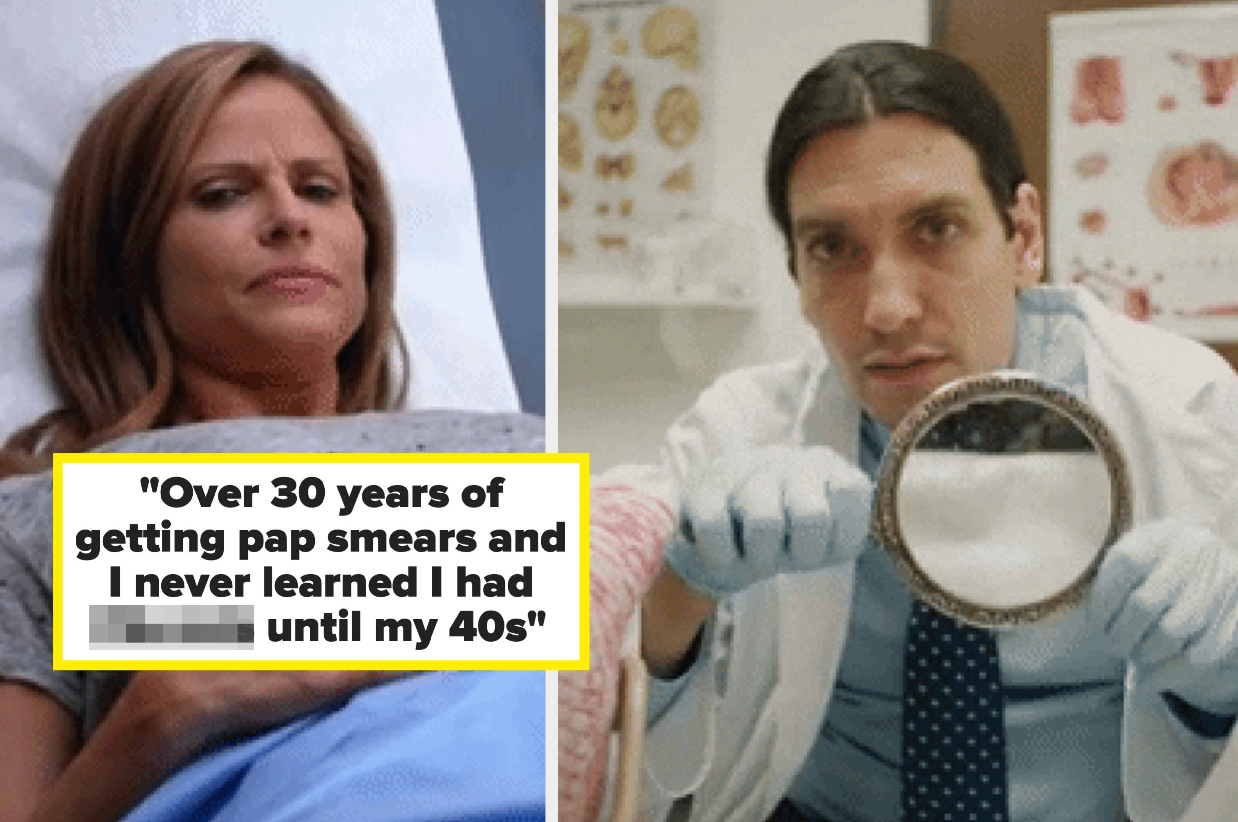 Woman in bed, alongside a doctor holding a medical instrument; text discusses late health discovery from pap smears in her 40s