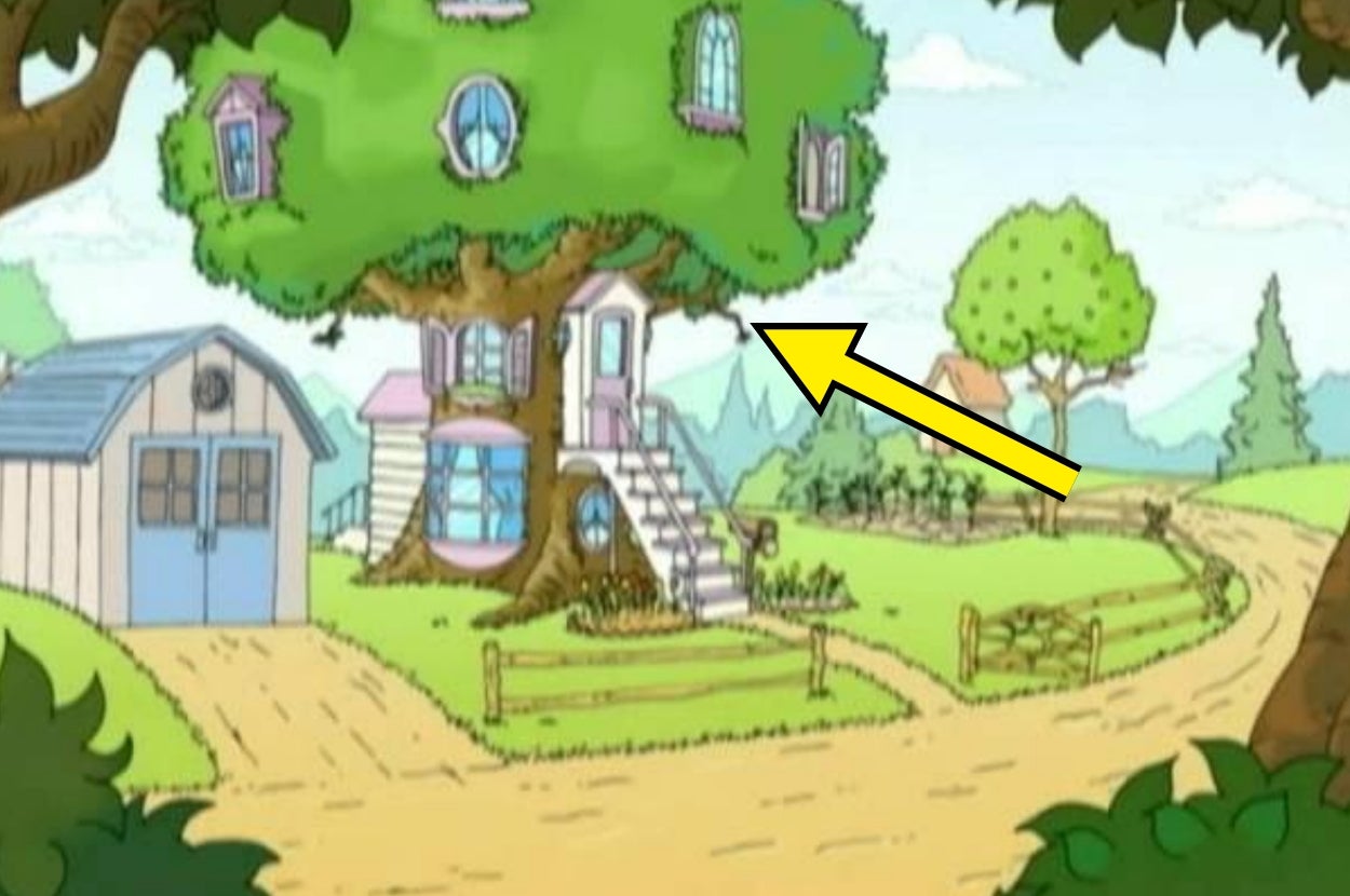 Animated treehouse with windows and staircase, set by a path in a grassy area next to a small shed