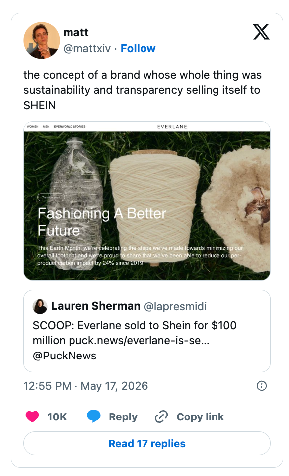 Tweet criticizing Everlane's sale to Shein, highlighting irony given Everlane's sustainability claims. Screenshot of news headline included