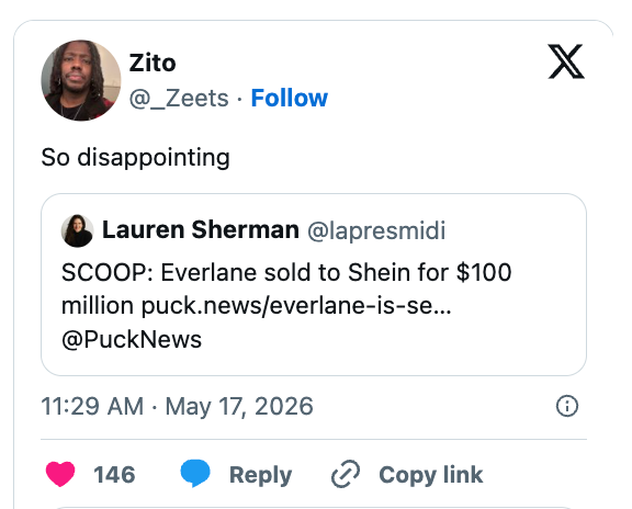 Tweet expressing disappointment over Everlane's $100 million sale to Shein