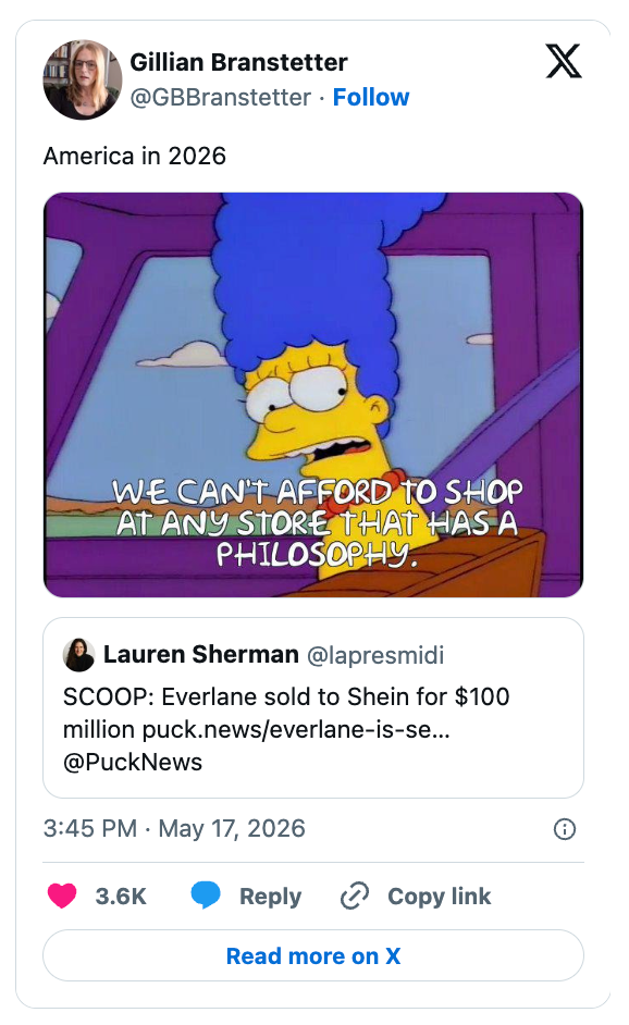 Image of a tweet showing Marge Simpson saying, "We can't afford to shop at any store that has a philosophy," with a news update on Everlane's sale to Shein