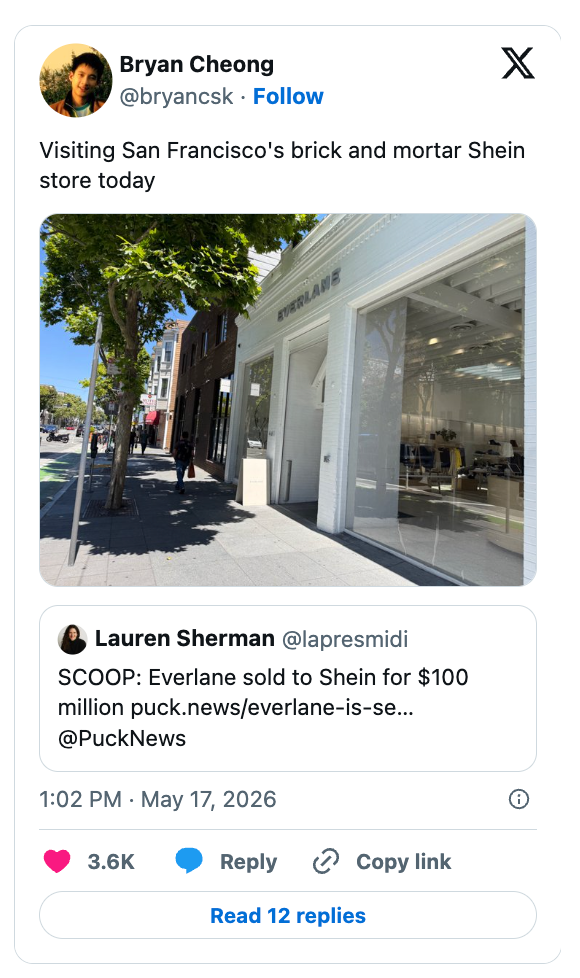 Tweet about visiting San Francisco's Shein store; includes a tweet regarding Everlane's $100 million sale to Shein