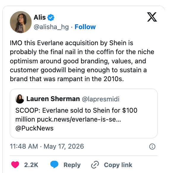 Tweet about Shein acquiring Everlane for $100 million, impacting branding and values, with commentary on niche fashion industry challenges