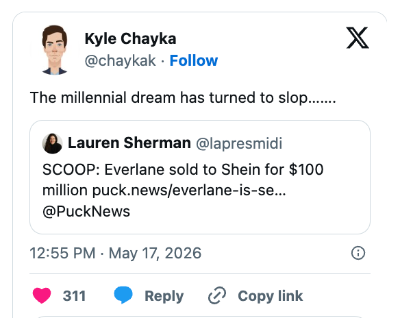 Tweet about Everlane reportedly being sold to Shein for $100 million