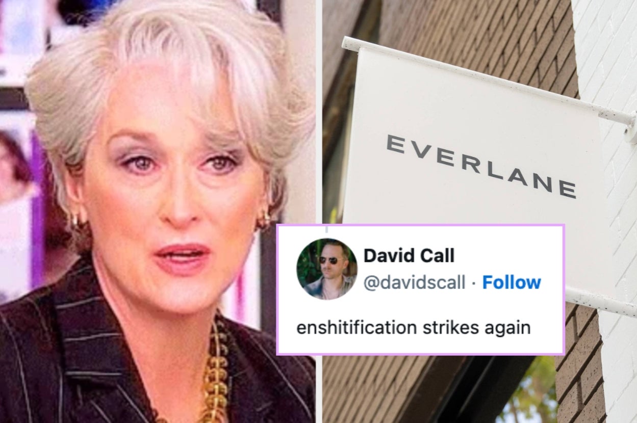 Person with short hair speaking, compared with a store sign image. A tweet overlay reads, "enshitification strikes again."