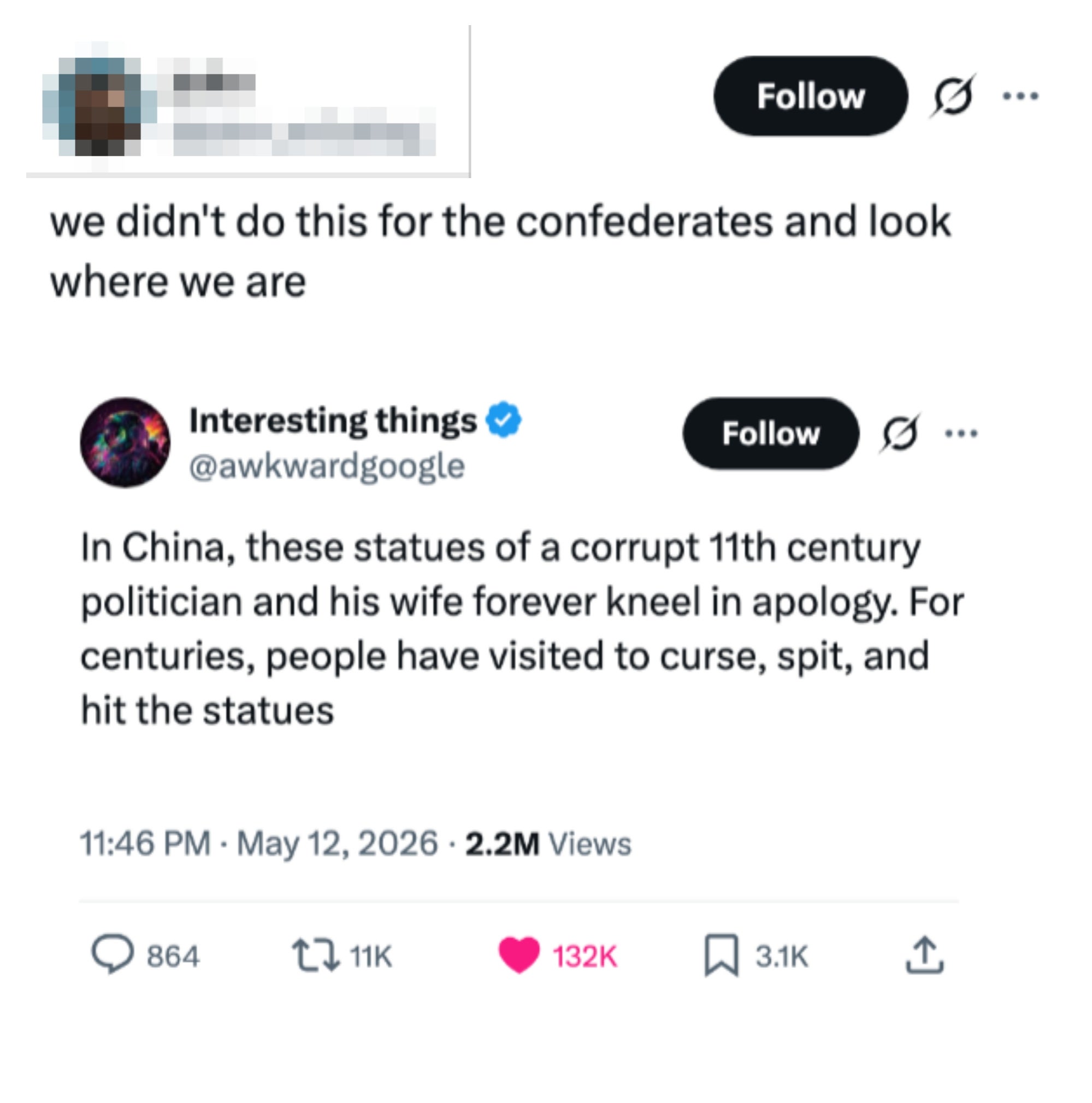 Tweet about statues in China representing a corrupt politician and wife, knelt in apology for centuries, symbolizing accountability