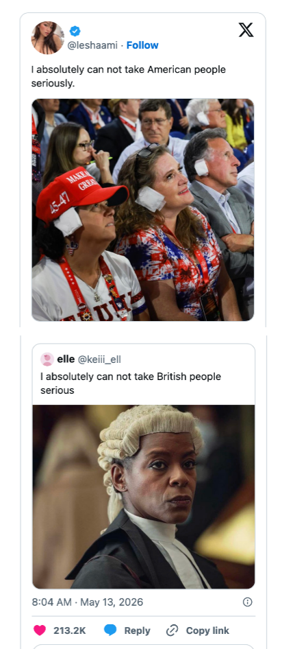 Social media posts humorously compare American and British stereotypes using a political crowd and a barrister in court attire