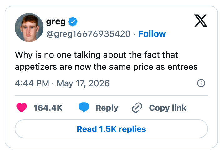 A tweet questions why appetizers are now as expensive as entrees