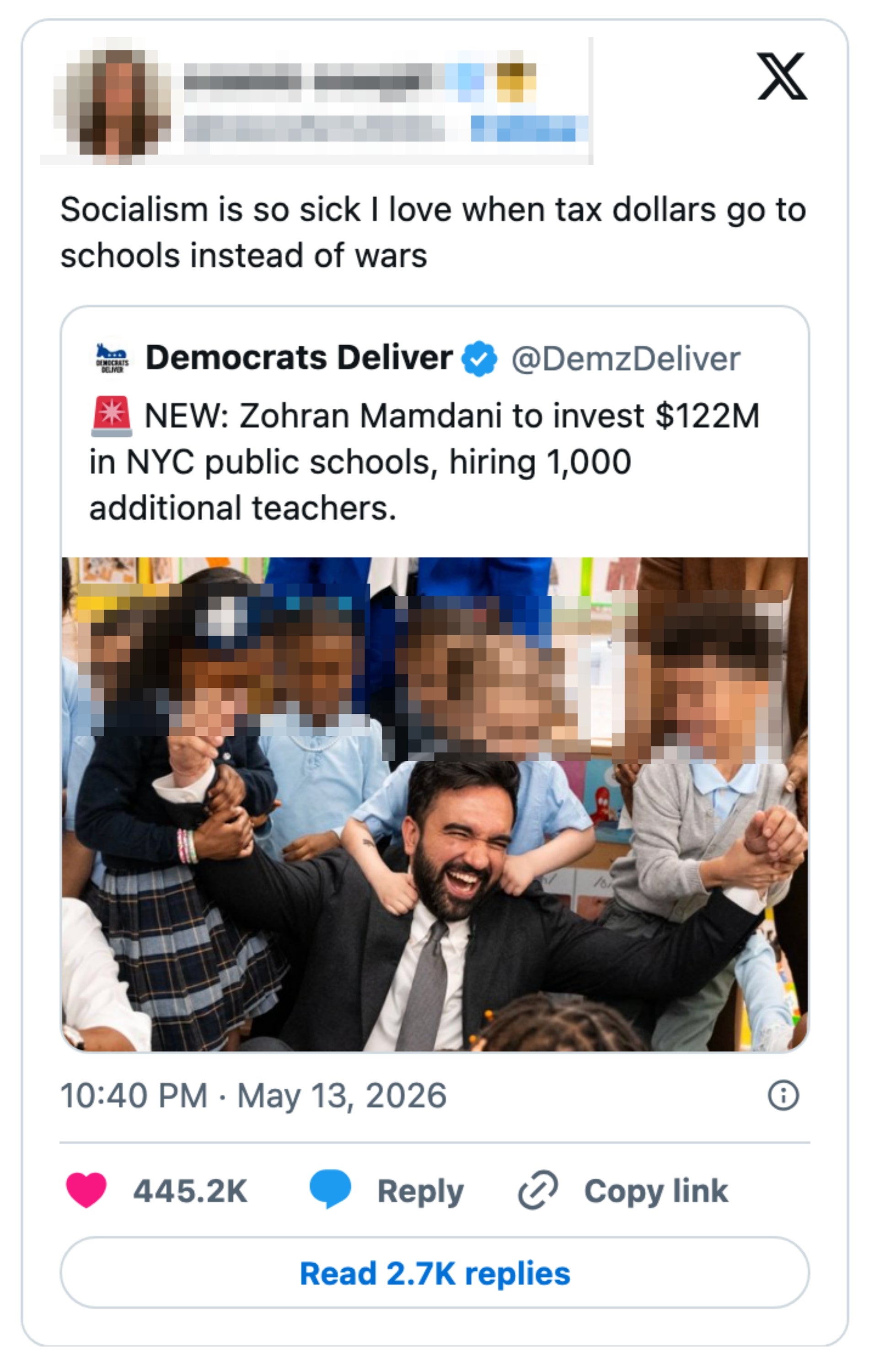 Tweet with a user expressing support for tax dollars funding schools, featuring a post about Zohra Mamdani investing in NYC education