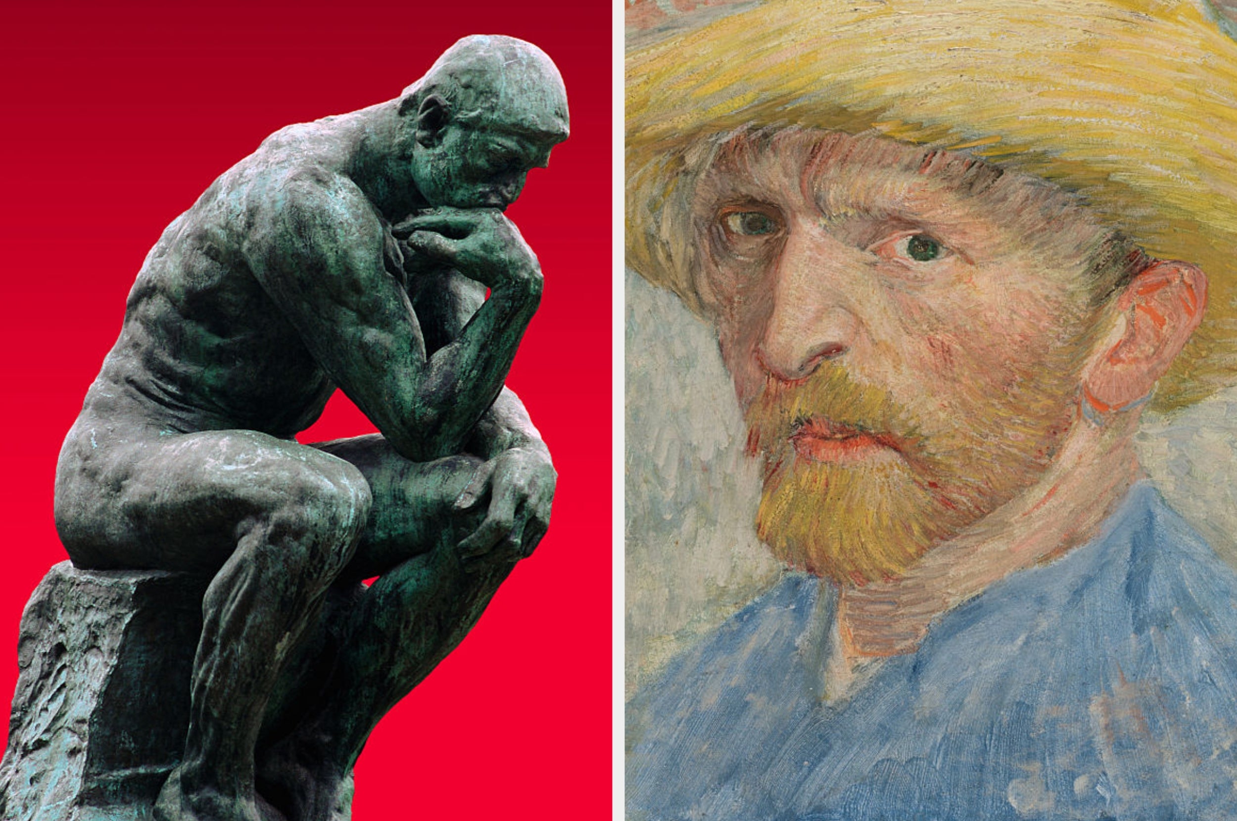 A sculpture of a thinker in a contemplative pose beside a portrait of a man with a straw hat and red beard