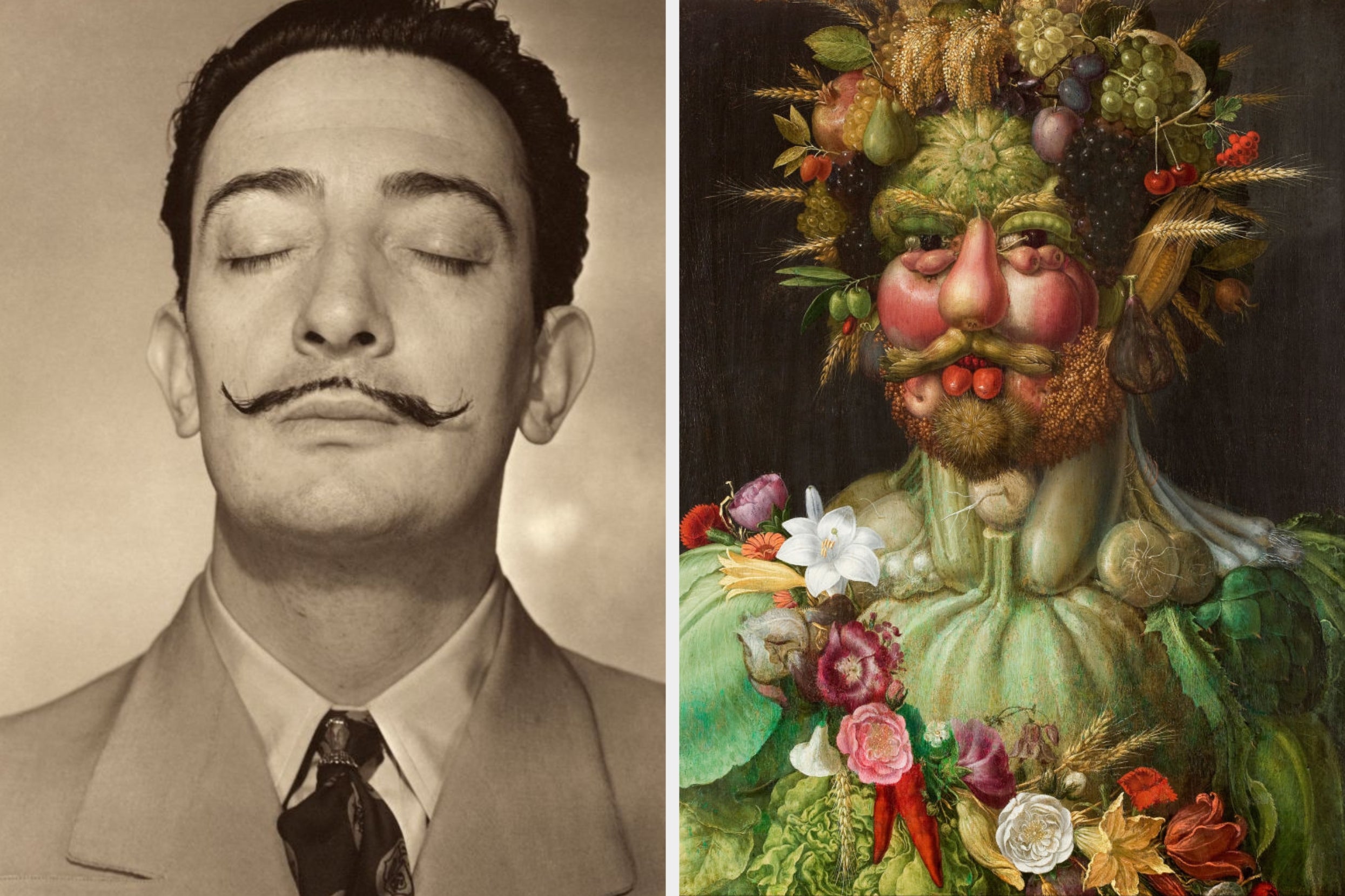 Left: A vintage portrait of a man with eyes closed and a curled mustache. Right: An artistic painting of a face made from fruits, vegetables, and flowers