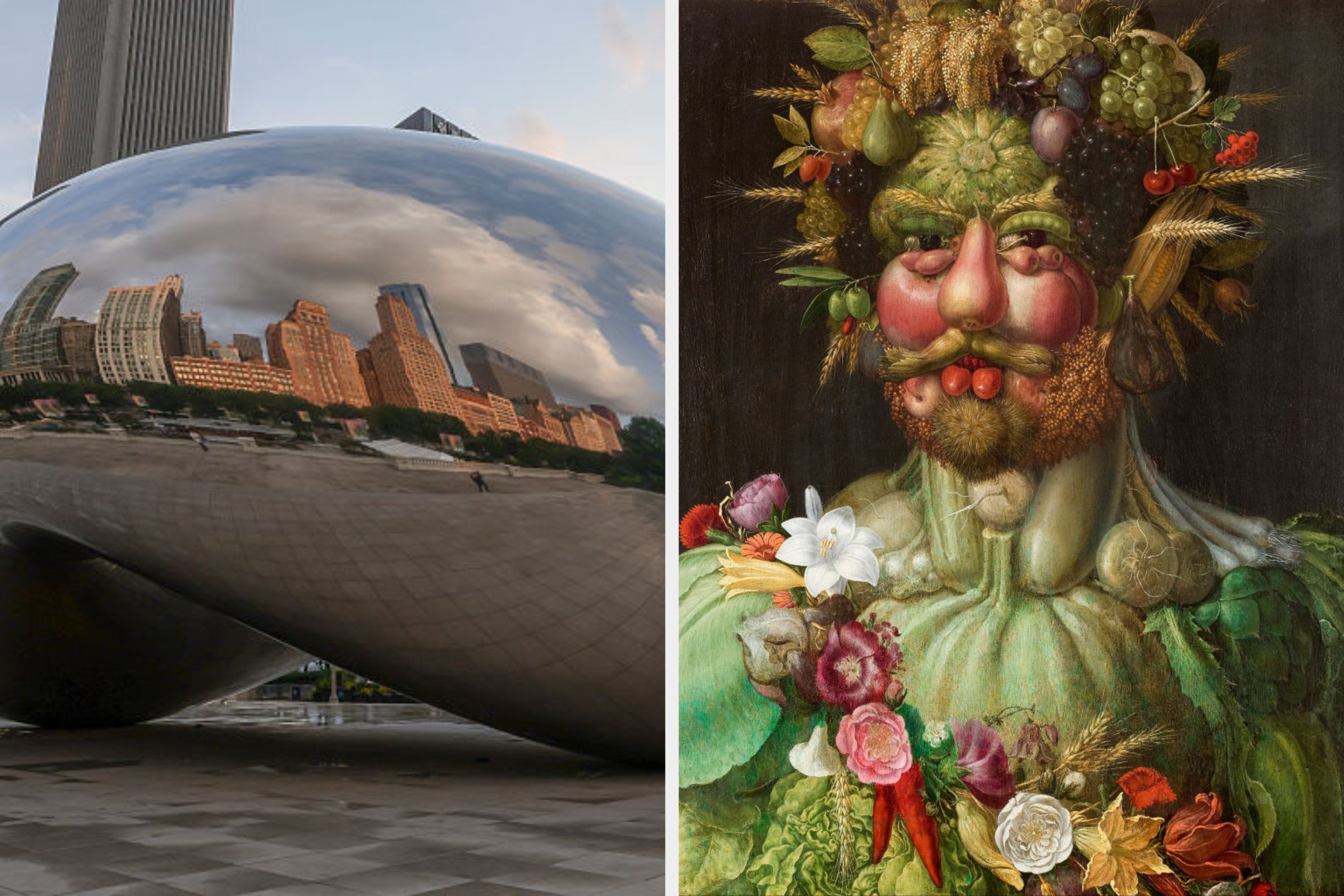 A shiny bean-shaped sculpture reflects a cityscape. Beside it, a portrait of a man made from fruits and vegetables is displayed