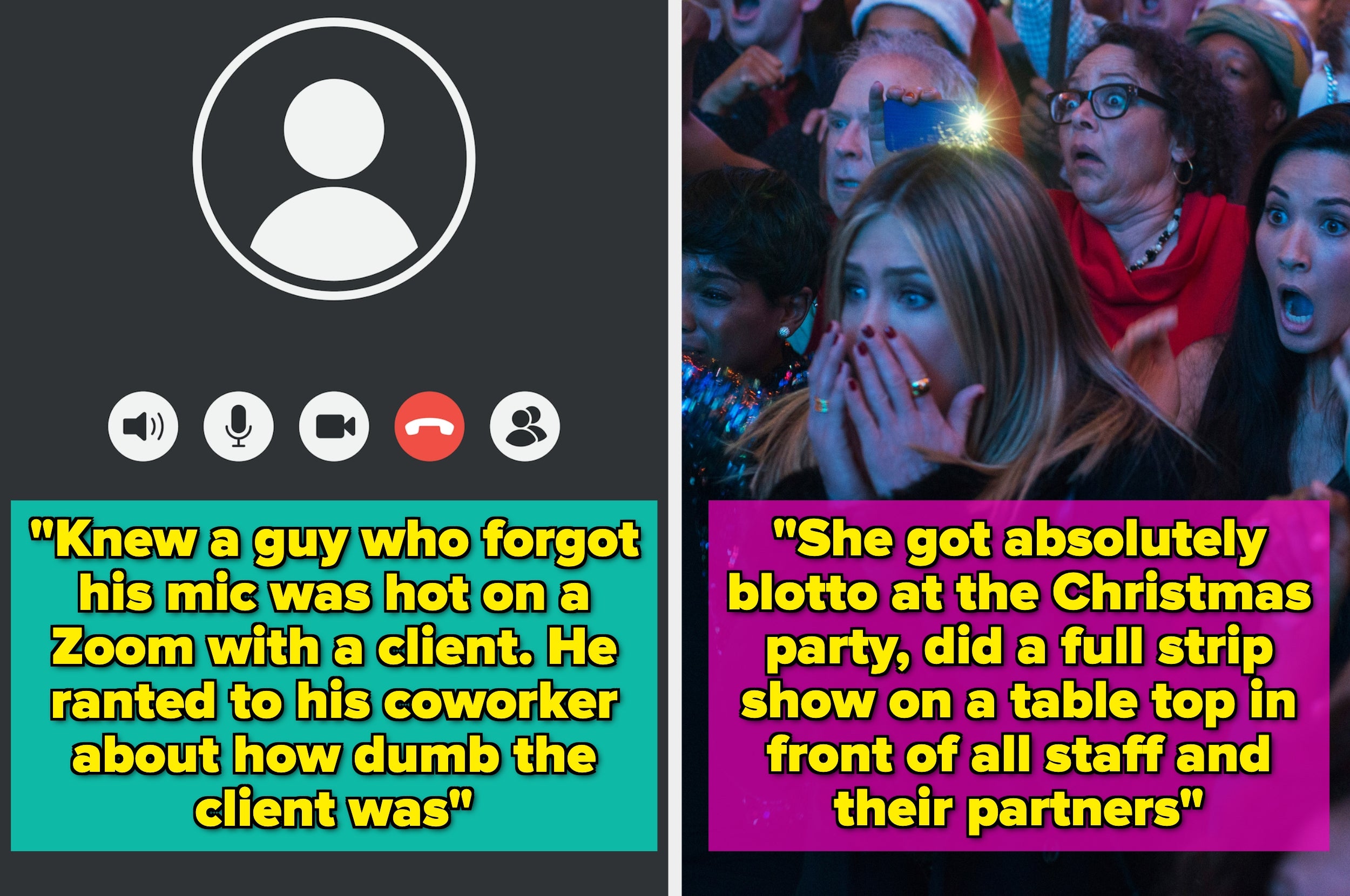 Split image with humorous text stories about work mishaps on Zoom and at a Christmas party