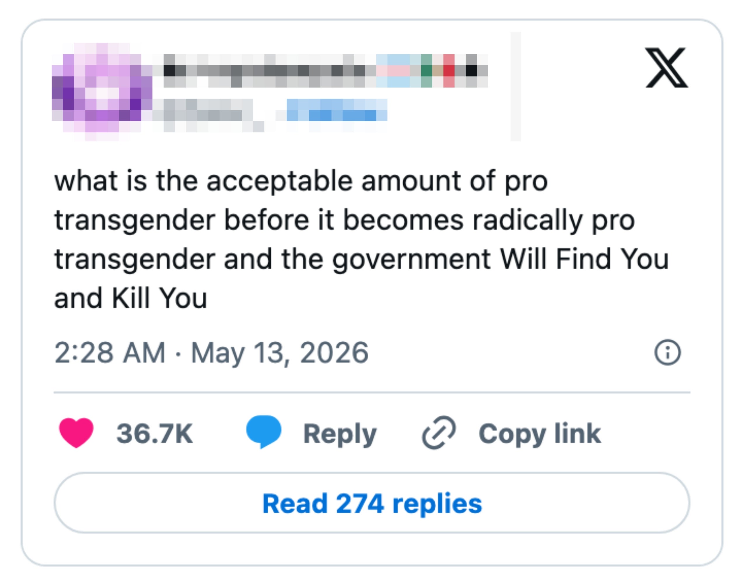 Tweet questioning the acceptable limit of pro-transgender expression before facing severe government action, with 36.7K likes