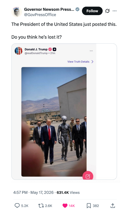 Tweet screenshot shows a post by Governor Newsom Press Office questioning a photo by Donald J. Trump of himself walking with a robot