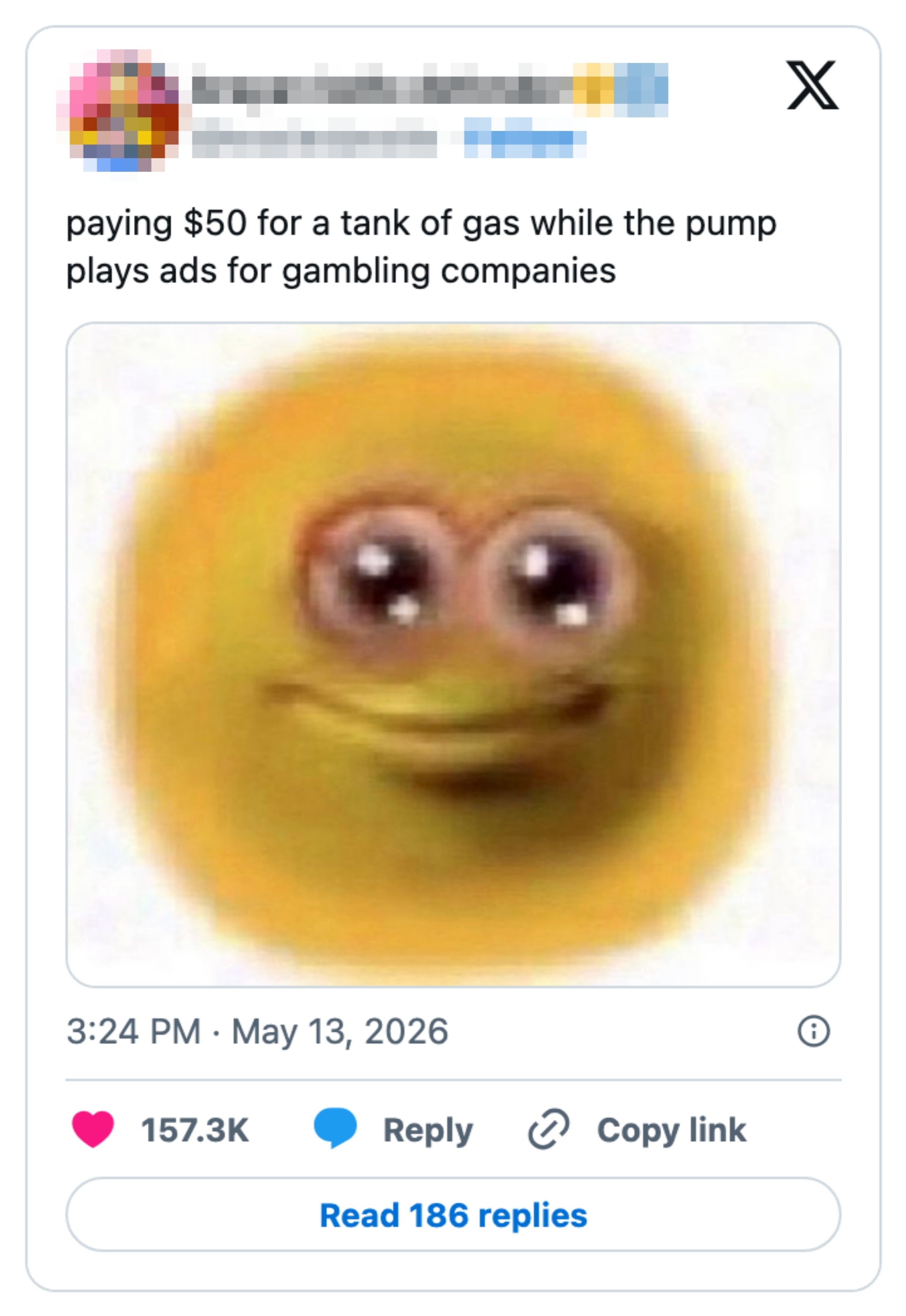 Blurry yellow smiling creature meme accompanying a tweet about paying $50 for gas while seeing ads for gambling companies at the pump