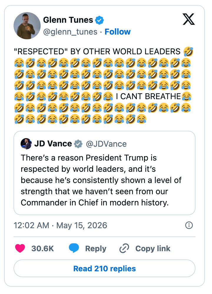 Tweet mocking President Trump's claim of respect, with multiple laughing emojis and a comment, "I can't breathe."