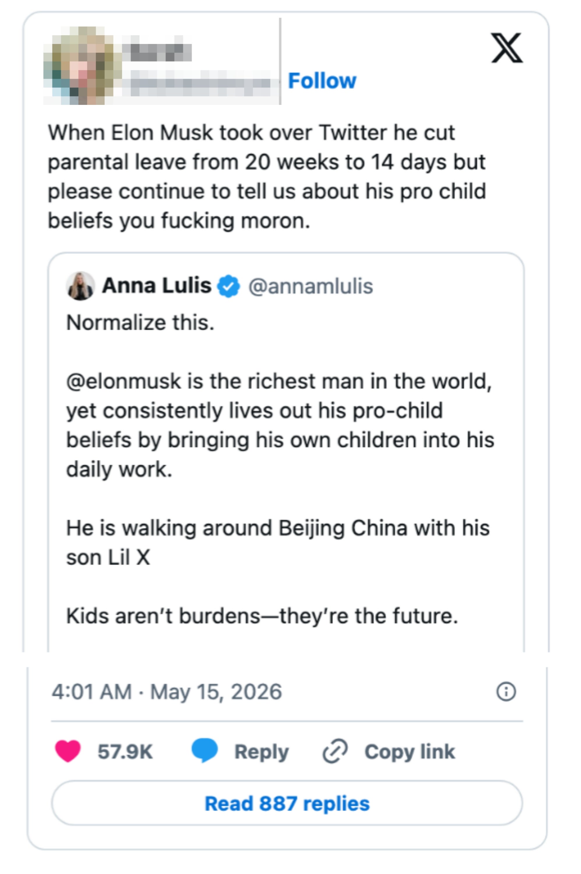 Tweet about Elon Musk reducing Twitter parental leave. Reacts to Anna Lulis defending his decisions by involving his child