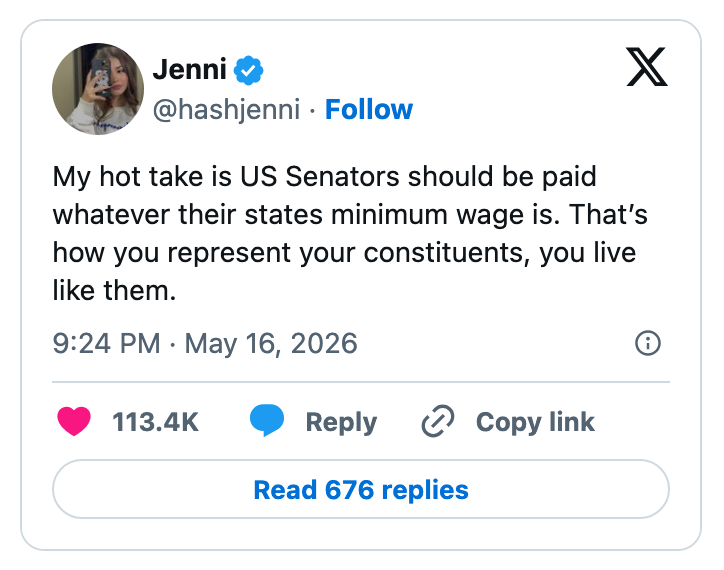 Social media post by user suggesting US Senators should earn their state's minimum wage to better represent constituents