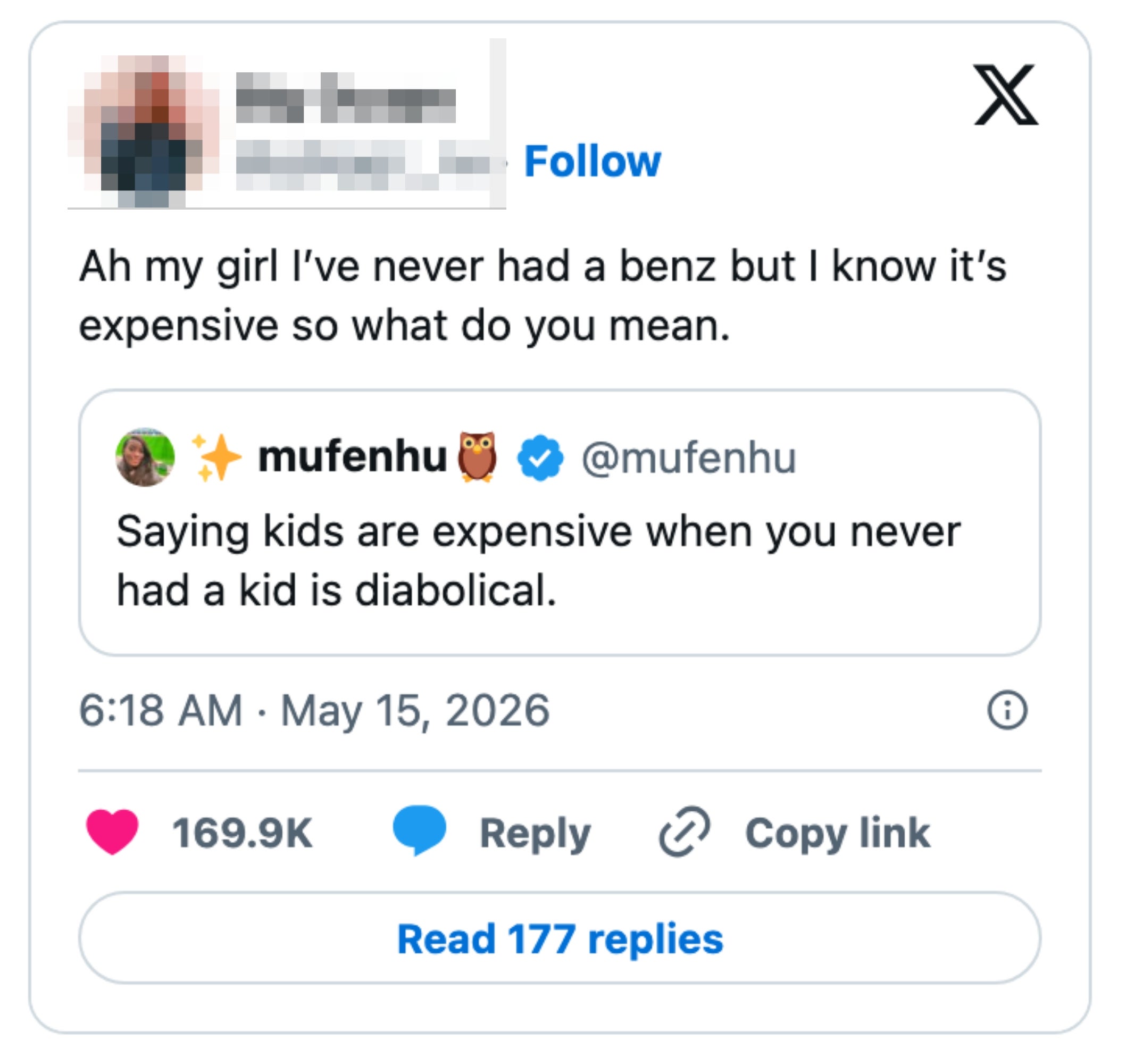 Mock social media post with a humorous exchange about expenses, comparing cars to parenting costs