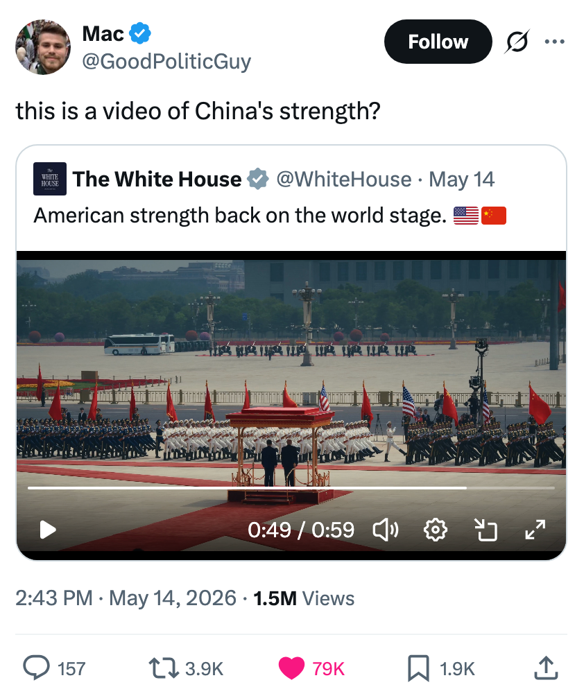 Tweet screenshot with video post. White House showcases American presence at a global event. 1.5M views. User comments on China's perceived strength