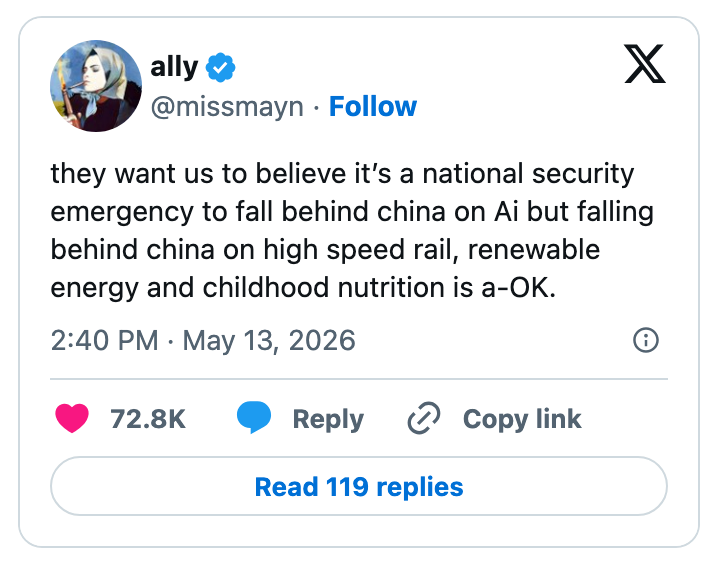 Tweet by ally questioning U.S. priorities, comparing AI concerns with inaction on high-speed rail, renewable energy, and childhood nutrition