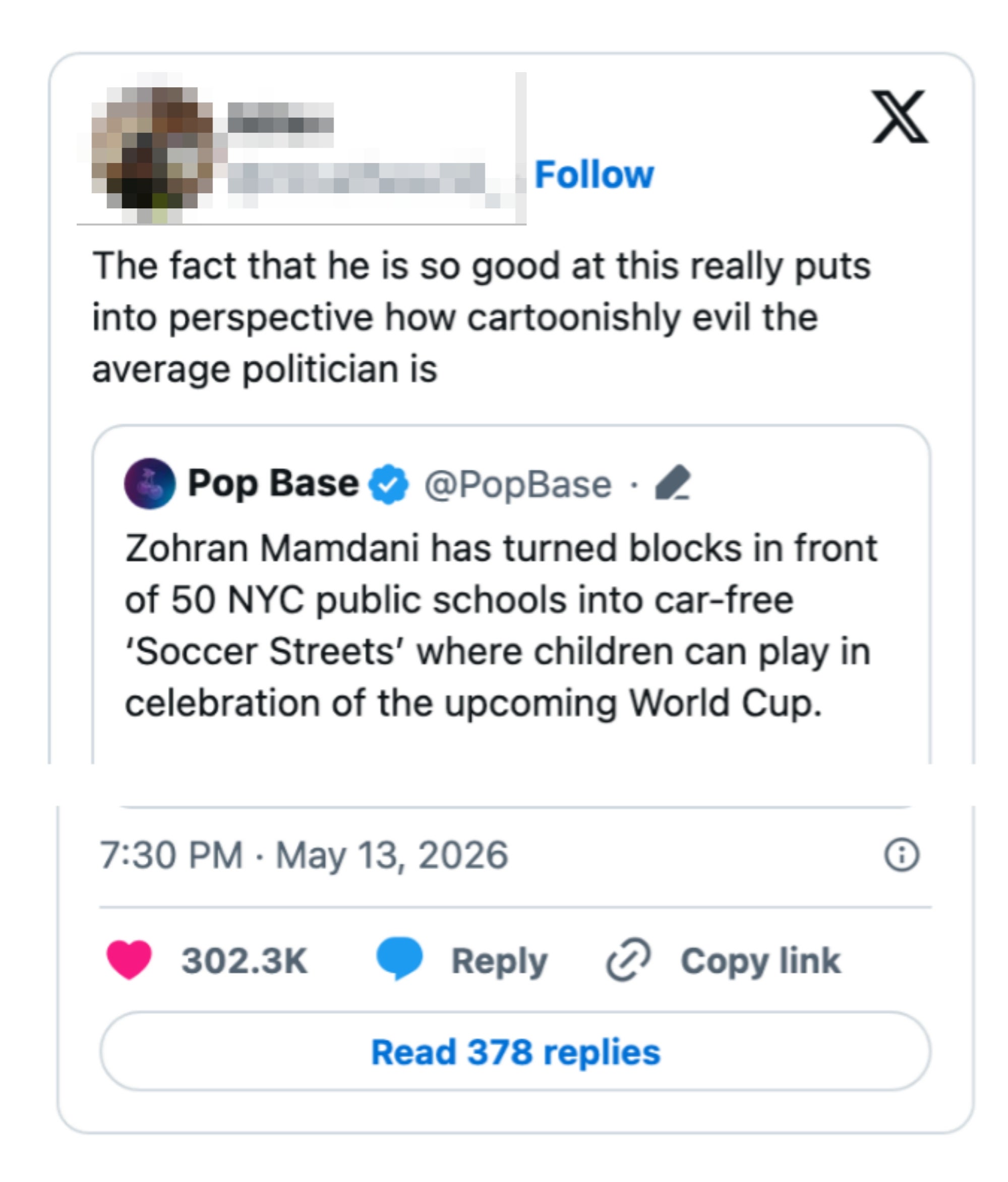 Tweet about Zohra Mamdani creating 'Soccer Streets' in NYC for children during the World Cup, highlighting positive change