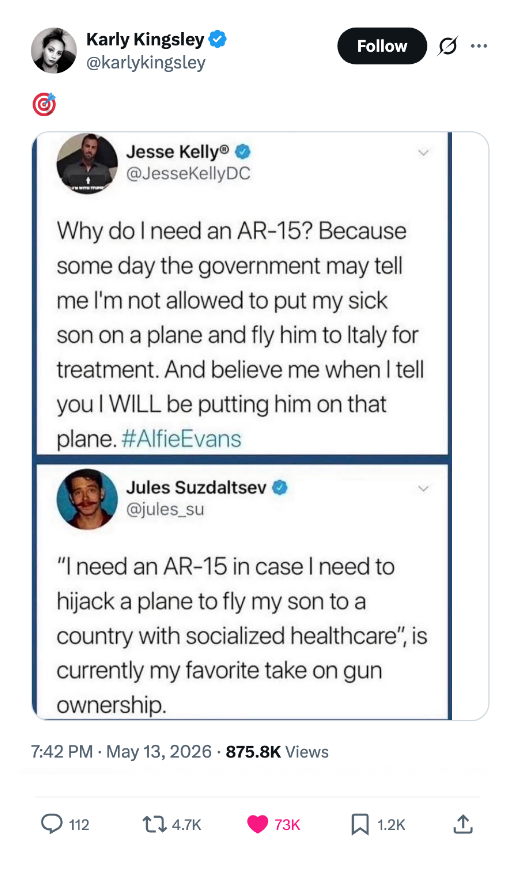 Tweet discussing the use of an AR-15 to take a sick child to another country for treatment, highlighting healthcare system critiques