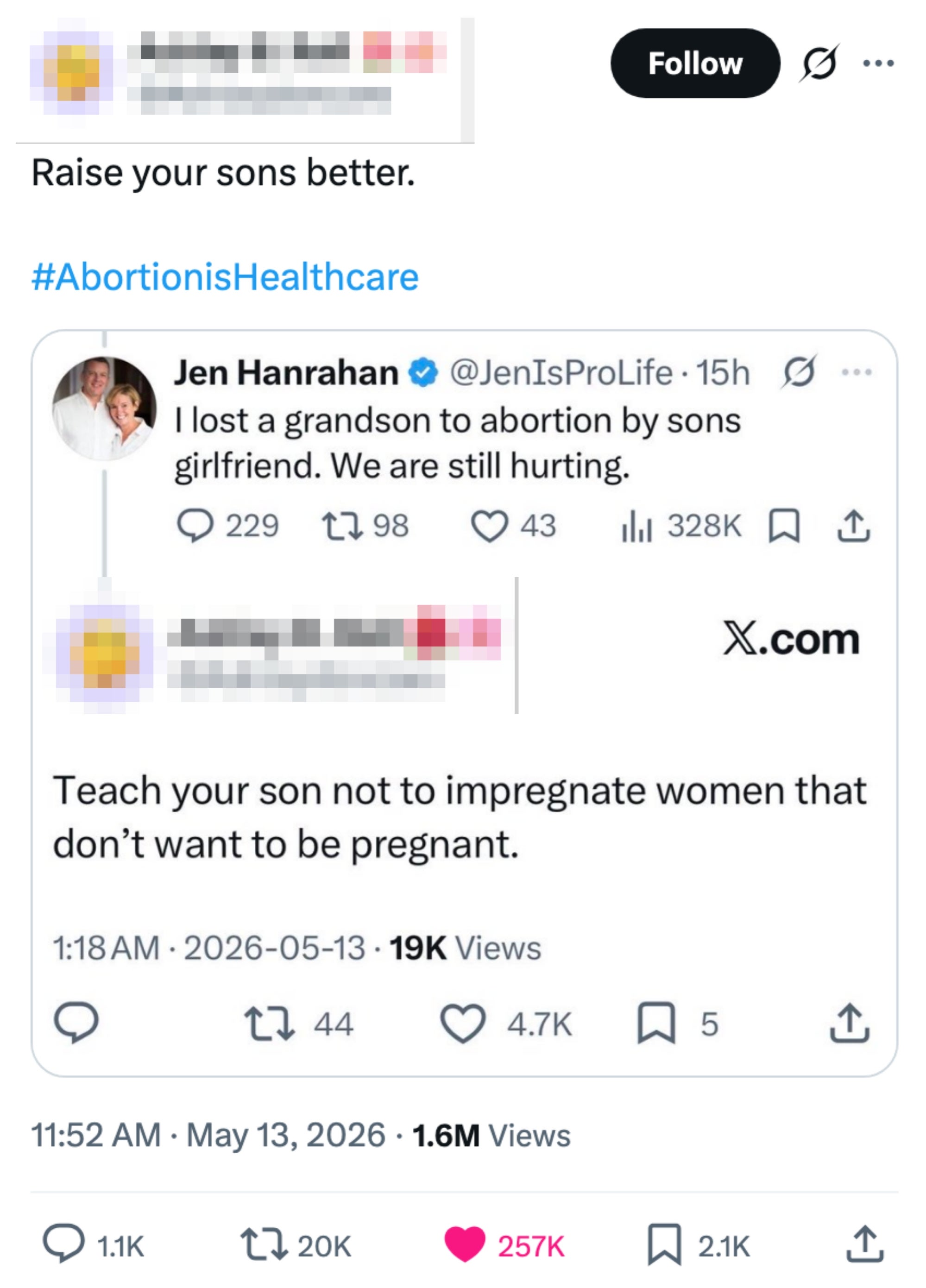 Tweet thread about a grandson lost to abortion, with a response on teaching sons responsibility