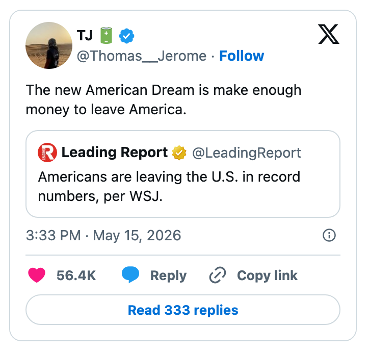 Tweet expresses desire to earn enough to leave the U.S., referencing a report about Americans emigrating in large numbers