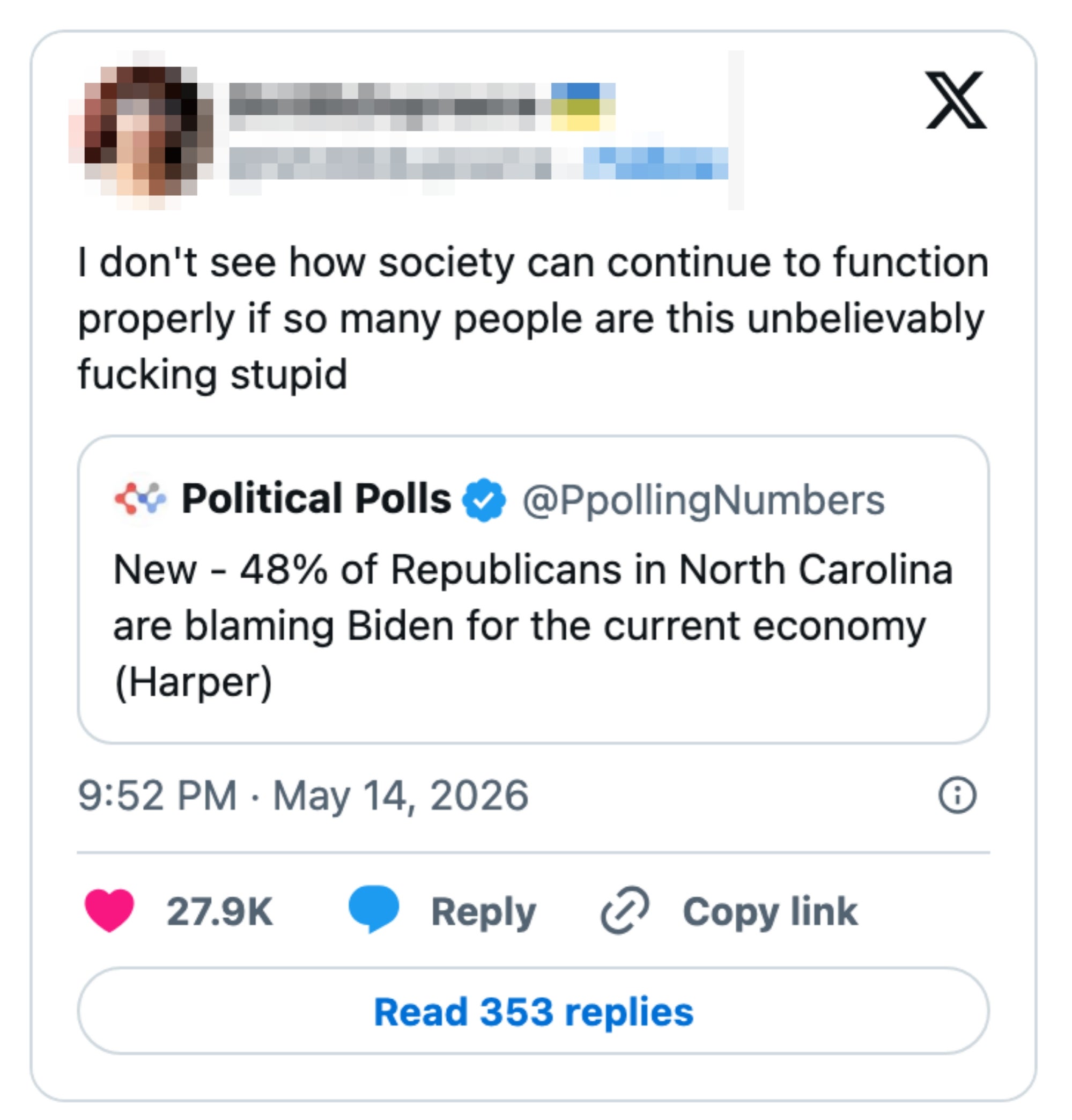 Tweet about survey results: 48% of North Carolina Republicans blame Biden for the current economy
