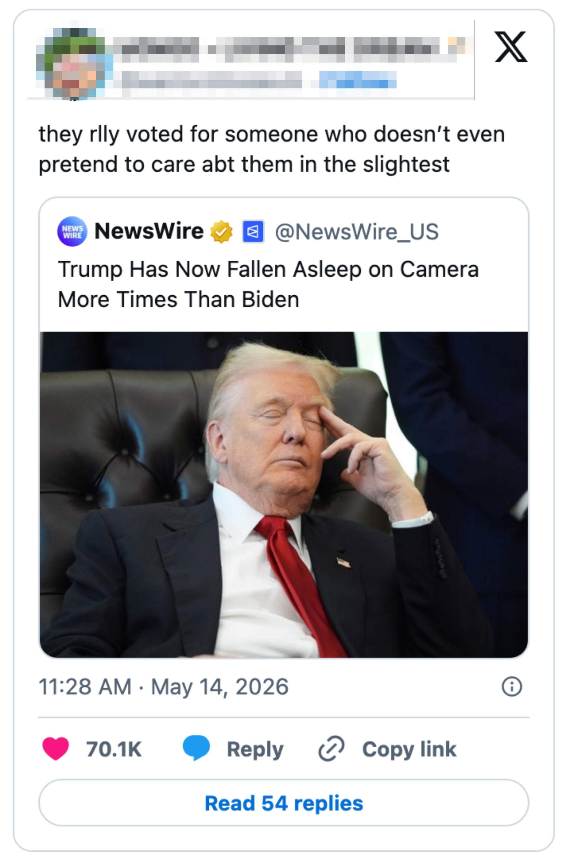 Screenshot of a tweet with a photo of a man in a suit appearing to fall asleep in a chair. The tweet comments on the man's disinterest
