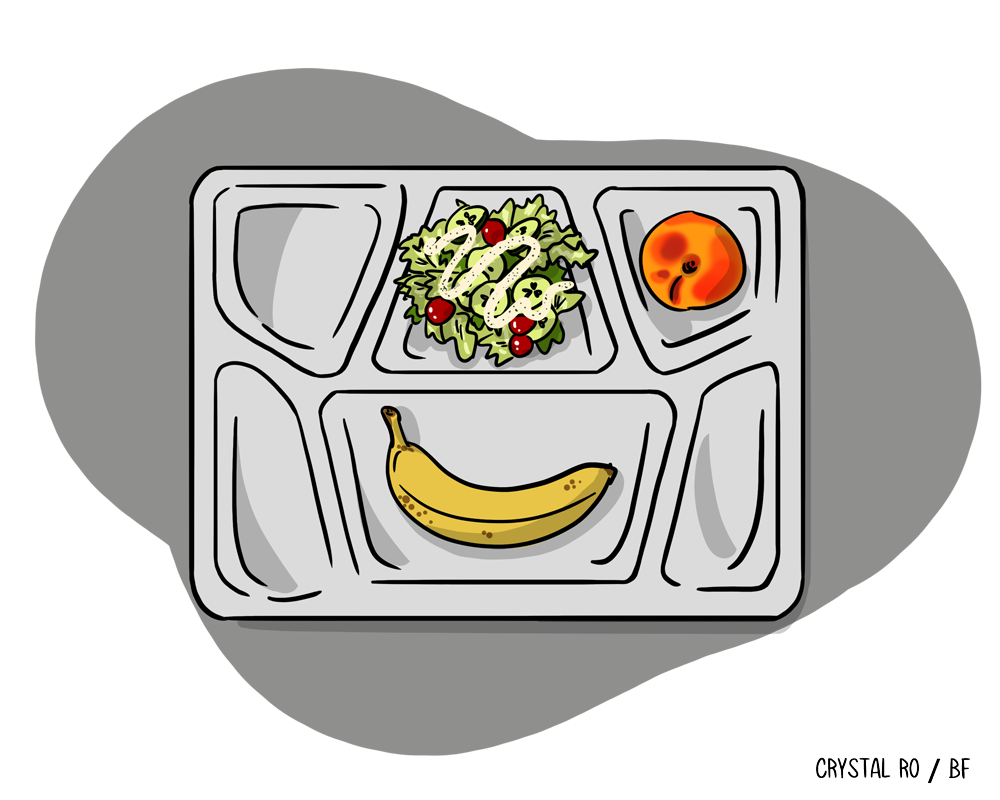 Lunch tray with salad, peach, and banana