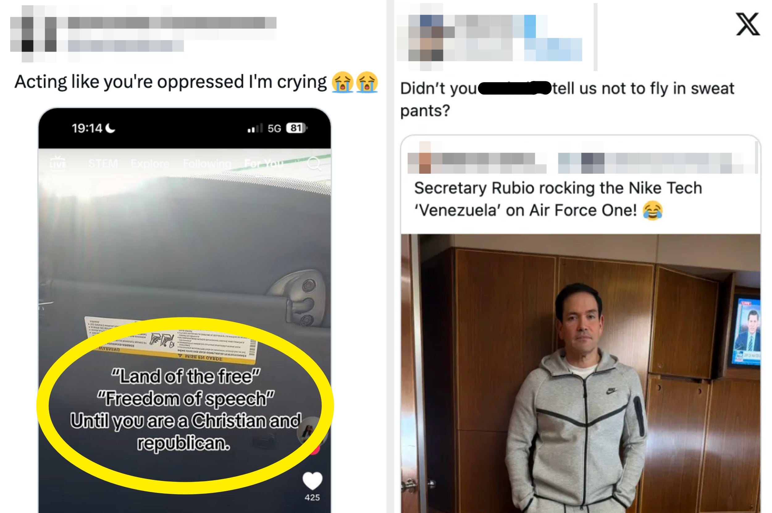 Left: Text on an airplane seat about "land of the free" and "freedom of speech." Right: rubio in casual wear with caption criticizing his outfit choice on Air Force One