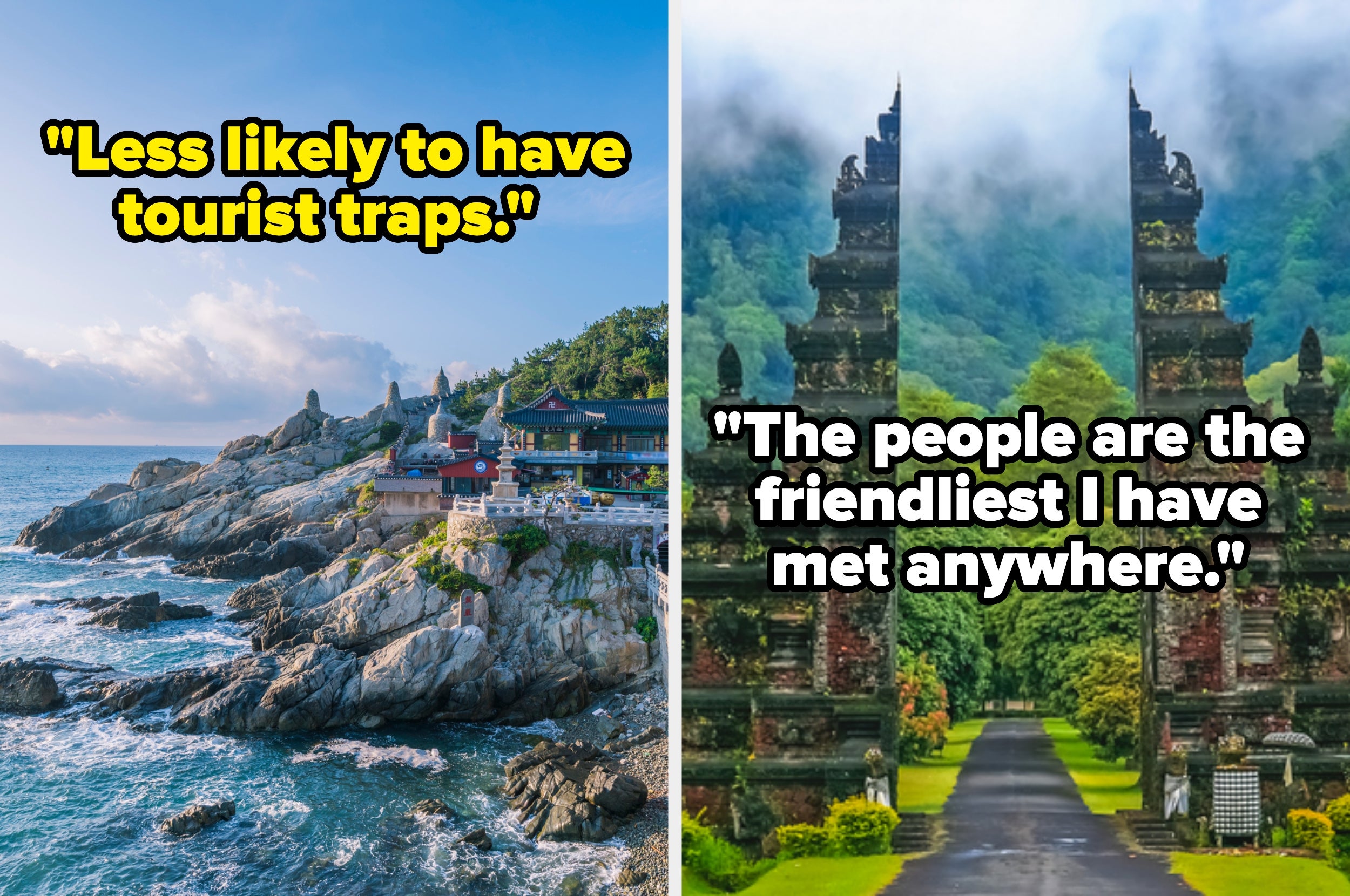 Two scenic travel destinations. Left: coastal rocks with buildings, text mentions fewer tourist traps. Right: lush greenery and ancient gate, highlights friendly locals