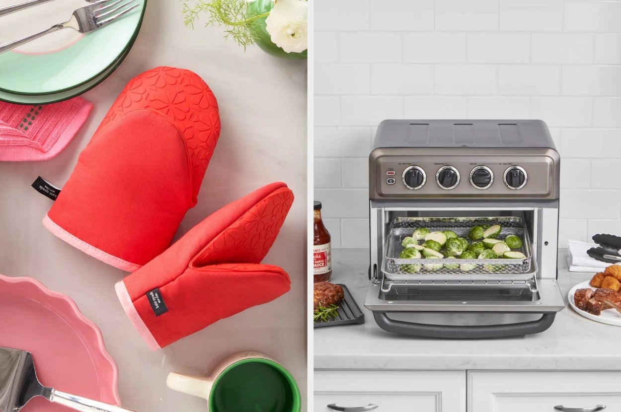 Left: Red oven mitts on a counter with kitchenware. Right: Air fryer with brussels sprouts inside on a kitchen counter