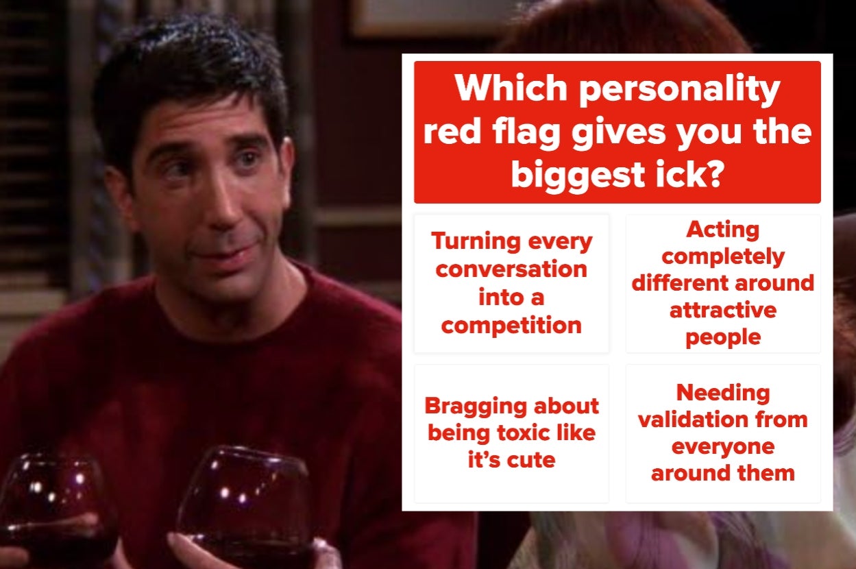 Image of a man holding a glass of wine. Text reads: "Which personality red flag gives you the biggest ick?" with options like competition conversation and acting differently