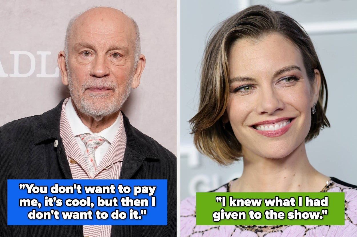 Split image of John Malkovich and Lauren Cohan on the red carpet, text overlay: / "You don't want to pay me, it's cool, but then I don't want to do it." / "I knew what I had given to the show."