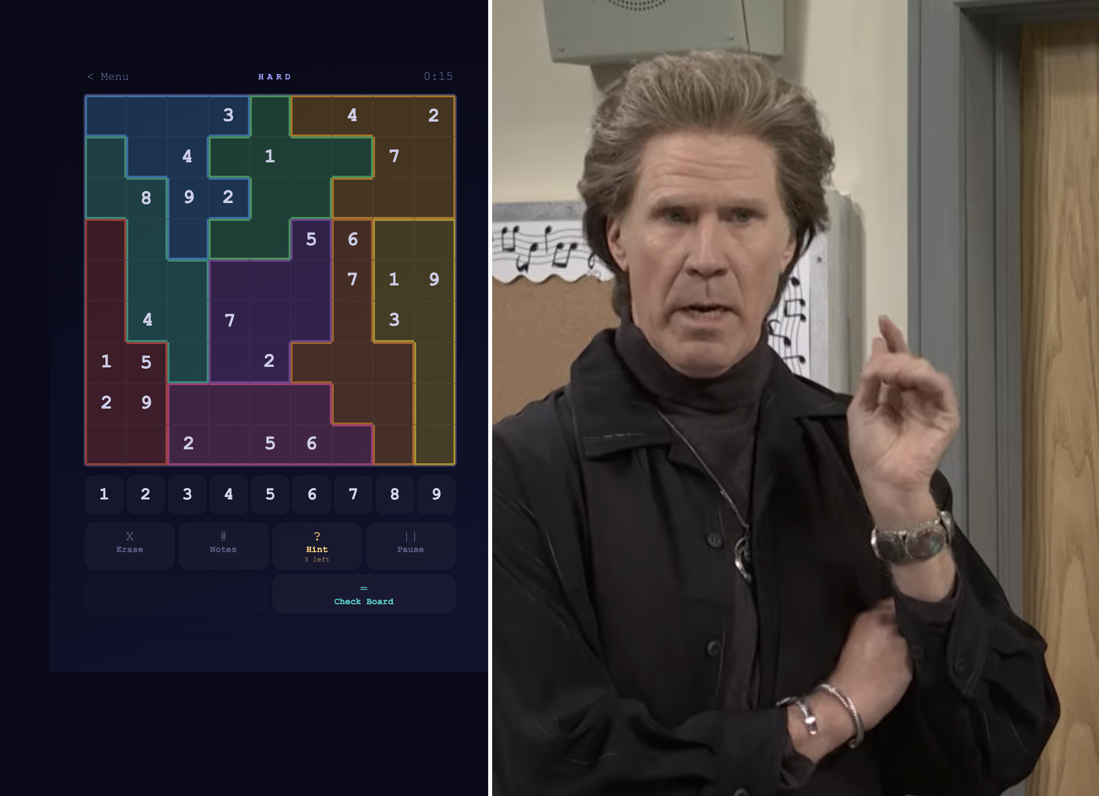 Person gesturing beside a kenken puzzle on a screen showing numbers in a grid format, with a musical notes background